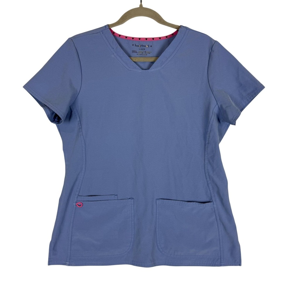 HeartSoul Shirt Womens Medium Blue V Neck Scrub Top Short Sleeve Pockets Stretch